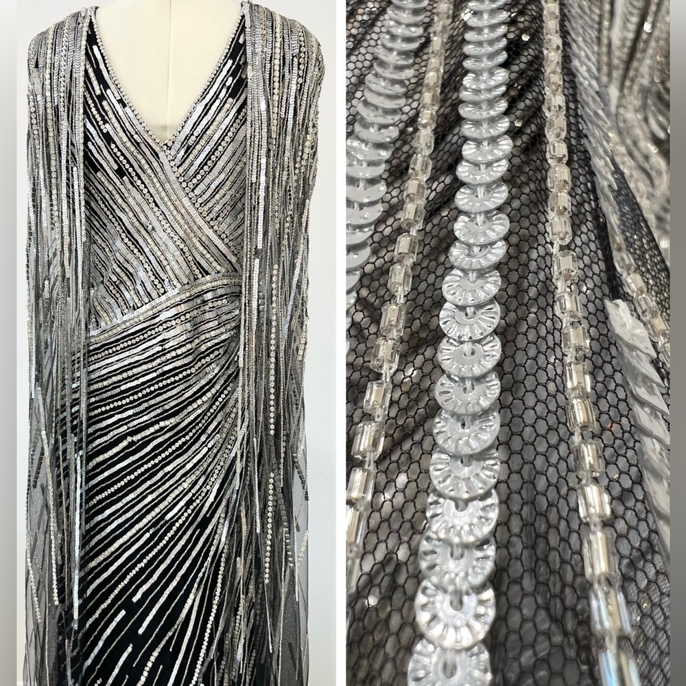Pamella Roland Sequined Tulle Cape Gown Long Dress - Picture 7 of 16